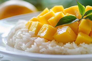 Mango Sticky Rice, Traditional Thai Dessert on White Plate