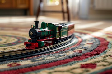 Toy steam locomotive circling on carpeted track, red and green train, miniature replica