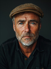 Obraz premium Generative ai illustration of a portrait of man in black shirt and beige cap