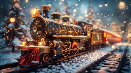 Night Train on Railway with Vintage Engine and Black Wheels: Toy Train in Historic Station, Symbolizing Transportation and Tourism - obrazy, fototapety, plakaty