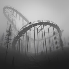 Haunting and deserted steel roller coaster in misty environment