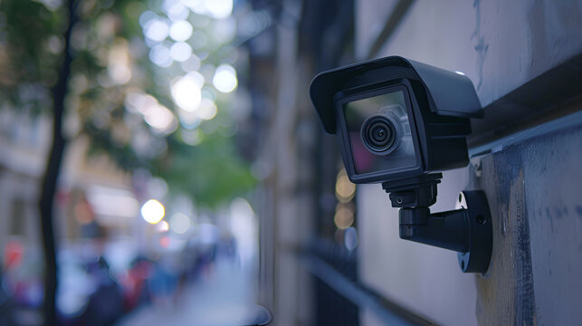 Security camera, used for recording and monitoring the criminal scene that is installed on the building interior ,Image of CCTV security camera on blur car parking background,
