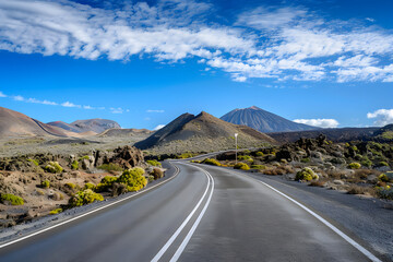 A scenic road meanders through a stark volcanic landscape under a blue sky with fluffy clouds, evoking adventure and exploration.