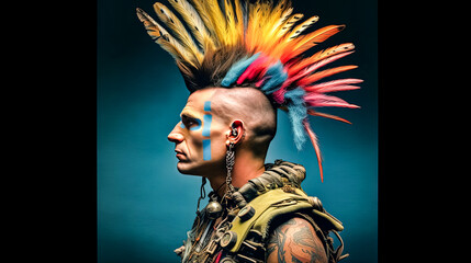 Fototapeta premium A man with a colorful Mohawk and feathers on his head