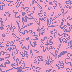 Beautiful Flower Doodle Line Hand Draw Broken Brush Seamless Pattern On Pink Background Color 