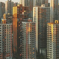 Fototapeta na wymiar Urban densification, high-rise buildings close together, cityscape, sunset, 