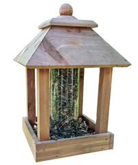 Mangeoire en bois avec graines pour oiseau détournée avec fond transparent