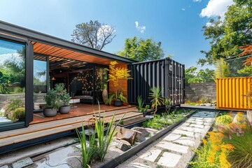 Modern shipping container house home, tiny house in sunny day. Shipping container houses is...