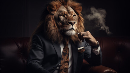 Anthropomorphic Lion in Suit Smoking Conceptual Art