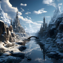 Fantasy landscape with fantasy castles and bridge over the river. 3D rendering - obrazy, fototapety, plakaty