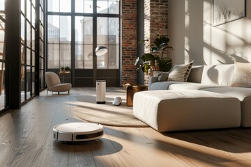 Fototapeta premium Modern loft style room with robot vacuum cleaner performing cleaning during the day