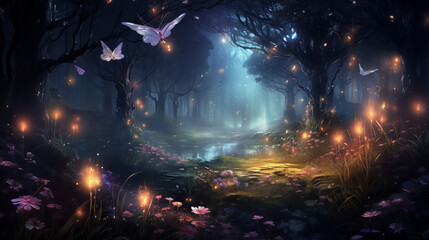 Magical Forest Scene with Giant Butterflies and Ethereal Light