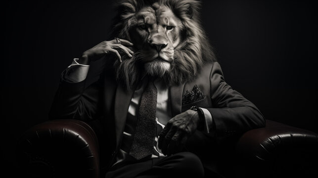Stylish Lion in Suit Posing with Hand Gesture
