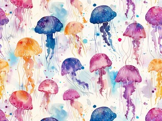 Obraz premium Jellyfish colorful watercolor pattern