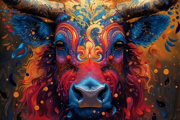 A brightly colored bull's head