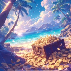 Discover the Lost Treasure on a Mysterious Island with Sunlit Paradise and Shimmering Gold Doubloons - obrazy, fototapety, plakaty
