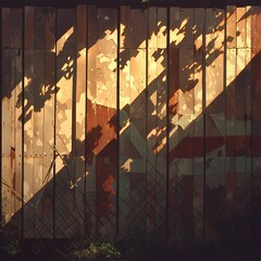 Worn Distressed Metal Scrap Fence with Dappled Light and Shadow Effects