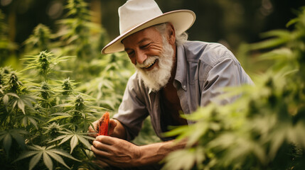 Smiling Senior Man Inspecting Cannabis Plant in Sunlit Field - obrazy, fototapety, plakaty