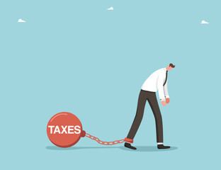 Tax obligations, pay monthly or annual payments on bank loans or mortgages, borrowing money, repaying debts, monetary obligations, deadlines for paying taxes, upset man chained to taxes. - obrazy, fototapety, plakaty