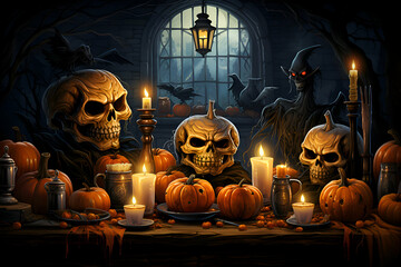 Halloween background with pumpkins. candles. ghosts and bats.
