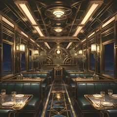 Step into the opulence of a gold and black Art Deco train interior. Discover the refined atmosphere where every detail reflects classic sophistication. - obrazy, fototapety, plakaty