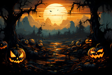Halloween background with pumpkins in the forest.  illustration. - obrazy, fototapety, plakaty