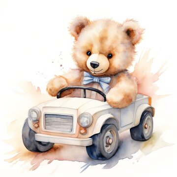 Teddy bear driving a toy car - watercolor illustration, children's book, bedroom decor.