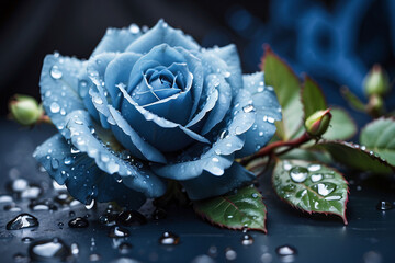 Three beautiful blue roses with water drops
