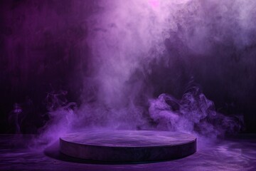 Podium violet dark smoke background product platform abstract stage texture fog spotlight. Dark...
