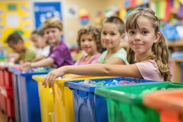 Cheerful Children Participating in Classroom Recycling Activity
