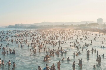 Fototapeta premium Busy Beach Day Scene with Crowds Enjoying Seaside Summer Fun