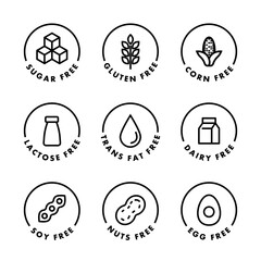 Natural products icons set. Organic. Eco-products. Allergen free badges. No Soy, Transfat, Nut, Gluten, Corn, Dairy, Sugar, Paraben, Nitrates Outline Logo. Vegan Food Icon.