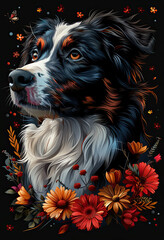 black border collie  dog with flowers around 