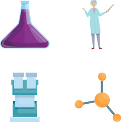 Chemistry icons set cartoon vector. Man scientist in laboratory. Science concept
