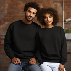 Obraz premium Afro american couple mockup. Black sweatshirt on models mockup. Family, man and woman couple matching shirts. Front view of pulover. Husband and wife or girlfriend with boyfriend indoor mock