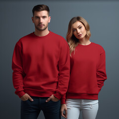 Young couple mockup. Red sweatshirt on male and female model mockup. Family, man and woman matching shirts template. Front view of pulover. Husband and wife or girlfriend with boyfriend indoor mock