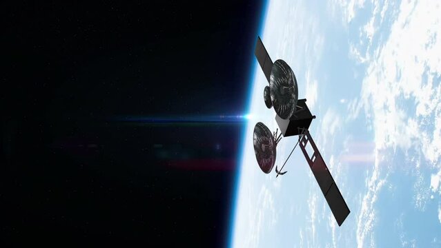Modern Communication Satellite Slowly Flying Over Planet Earth. Majestic Scene. Technology And Space Related 3D Animation.