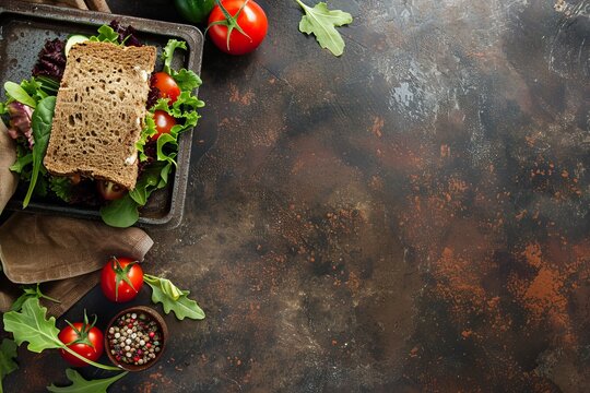 Healthy lunch box with fresh sandwich and vegetables on stone table for text space