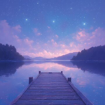 A serene image of a wooden dock at the edge of a lake, with a breathtaking sunset in the background.