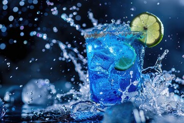 Vibrant Blue Cocktail Splash with Citrus Garnish in Bar Setting