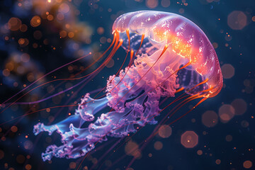 Beautiful bioluminescent jellyfish in the dark ocean, glowing with light. Created with Ai