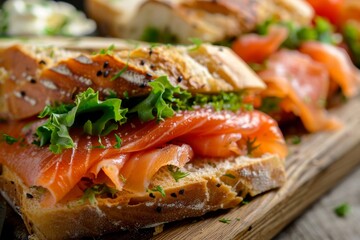 Fresh fish. salmon or trout sandwich, delicious appetizer with tender fish on bread, close-up shot