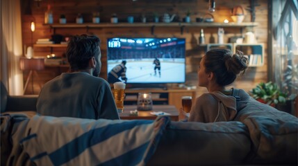A group of friends sit and watch the game on the TV screen. - obrazy, fototapety, plakaty