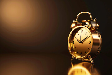 A glowing golden alarm clock against a dark background with a warm light