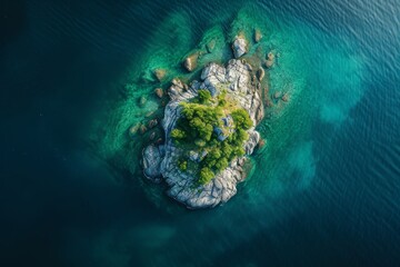 A small island stands alone in the center of a vast body of water under a clear blue sky, Aerial capture of an isolated rocky islet in a tranquil sea, AI Generated
