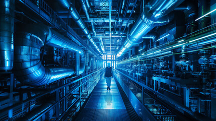 A man walks through a large, blue industrial building. The building is filled with pipes and wires, giving it a futuristic and industrial feel. The man is focused - obrazy, fototapety, plakaty
