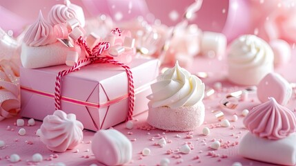 Valentine's day. composition with gifts, ribbons, confetti hearts, flowers on a pink background.