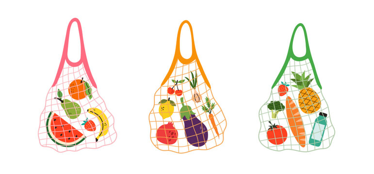 Illustrations of mesh bags with different products. Eco bags with fruits, supermarket products