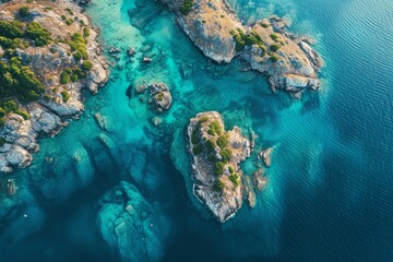 Aerial View of a Body of Water Surrounded by Rocks, Aerial view of a blue sea sheltering a myriad of tiny rock islands, AI Generated - obrazy, fototapety, plakaty