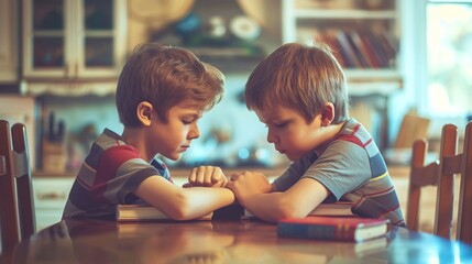 Kids competition concept with cinematic vintage effect photo of two school children boys sitting at the kitchen table with hands on books with angry concentrated faces